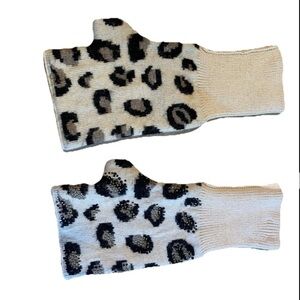 Nwot Bari Lynn Leopard Animal Print  Fingerless Gloves Mittens Knit Beige Black
